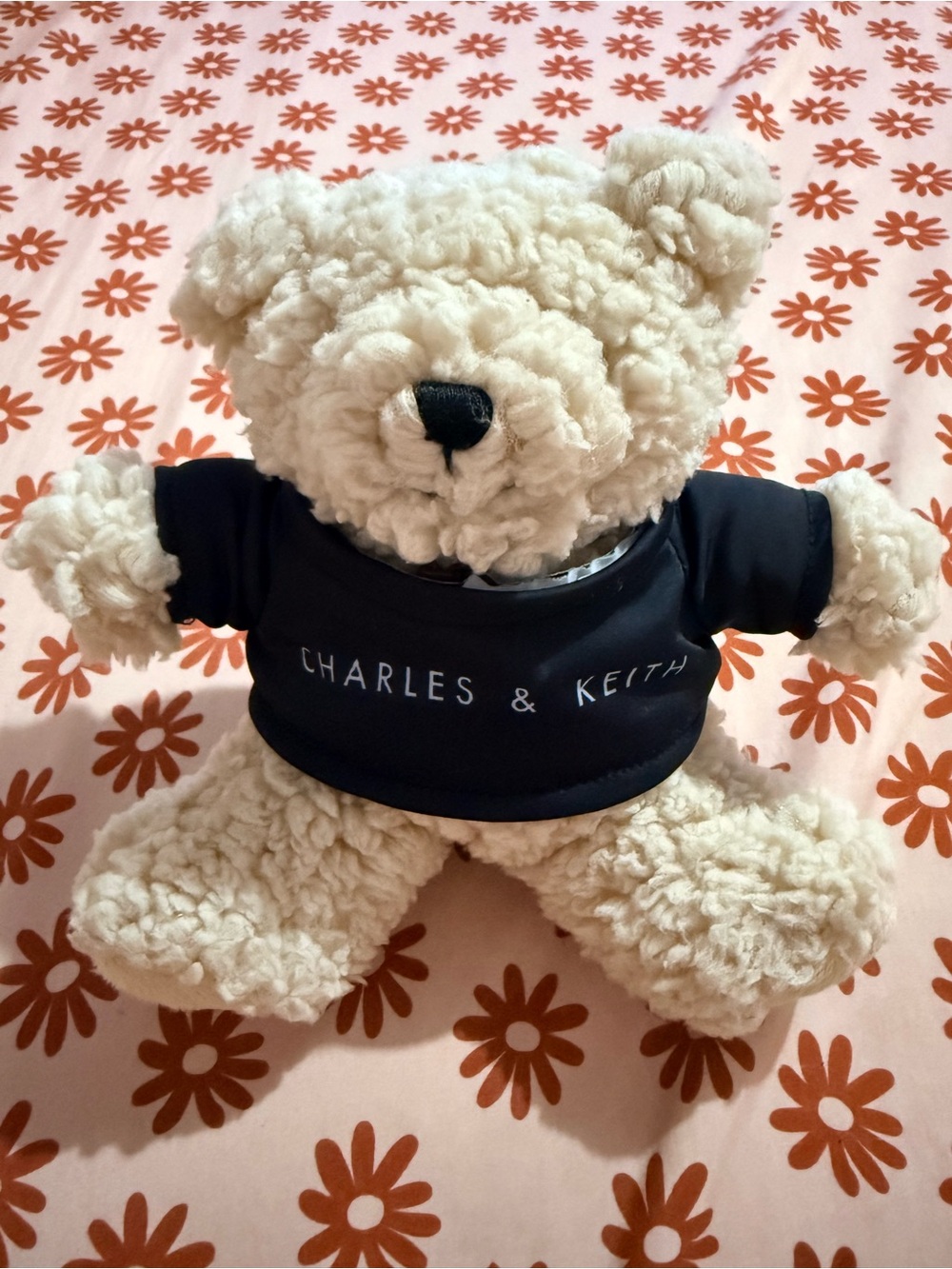 Charles & Keith Cream Teddy Bear with Black Logo Tee